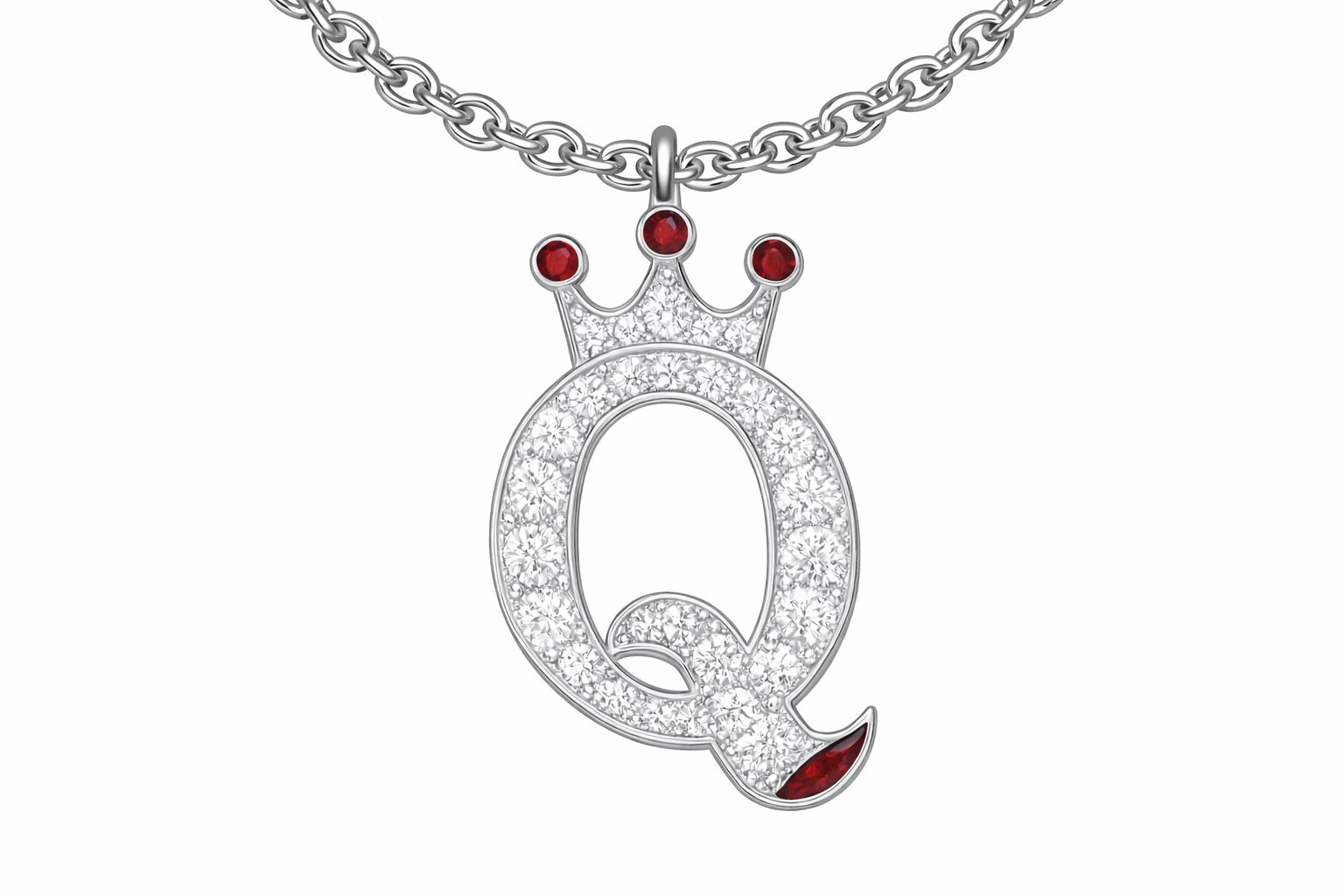 The Queen Pendant Necklace with CZ Pavé and Red Stone Crown