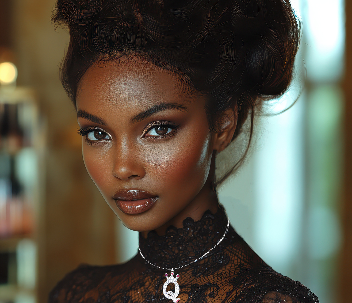 The Queen Pendant Necklace with CZ Pavé and Red Stone Crown