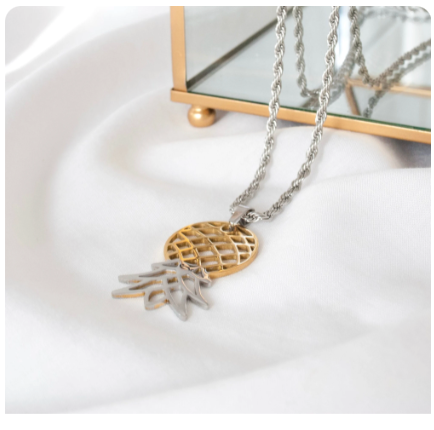 Upside Down Pineapple Necklace: Stainless Steel Two Toned Swinger Pendant