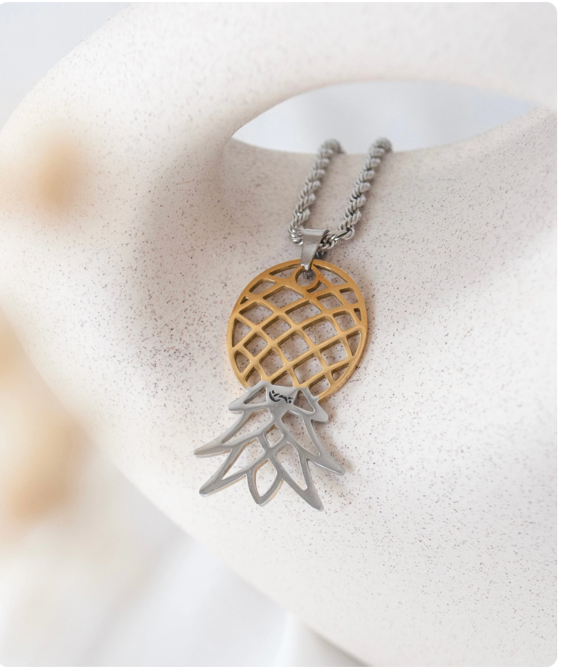 Upside Down Pineapple Necklace: Stainless Steel Two Toned Swinger Pendant